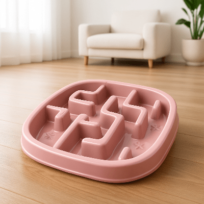 Gamelle anti-glouton chat slowchat™ de couleur rose dans un salon - Univers Chat Nature