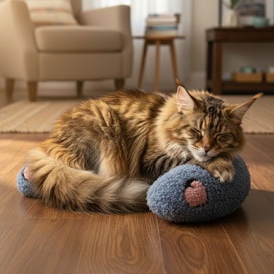 Maine coon roux endormi sur coussin chat Duvoria™ bleu, sol parquet bois foncé salon