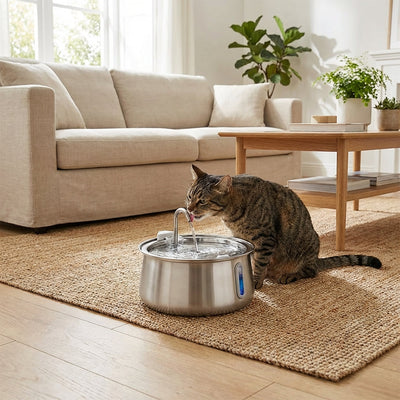Fontaine a eau chat avec un chat dans un salon entrain de boire