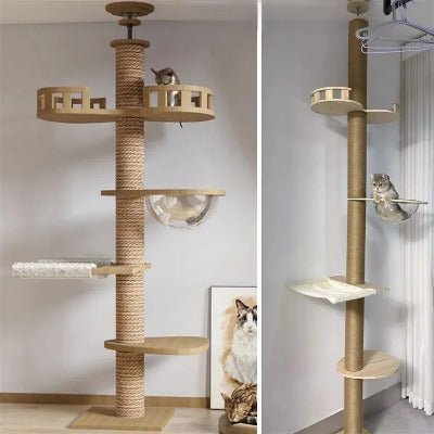 Arbre à chat en sisal avec plateformes et hamac, coloris beige, tour central rugueuse et petits balcons/garde-corps pour chat.