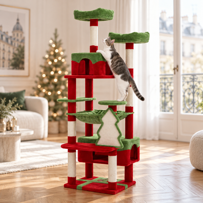 Arbre à chat rouge et vert sur le thème de Noël, avec niche, plateformes et motif de sapin, dans un salon décoré.