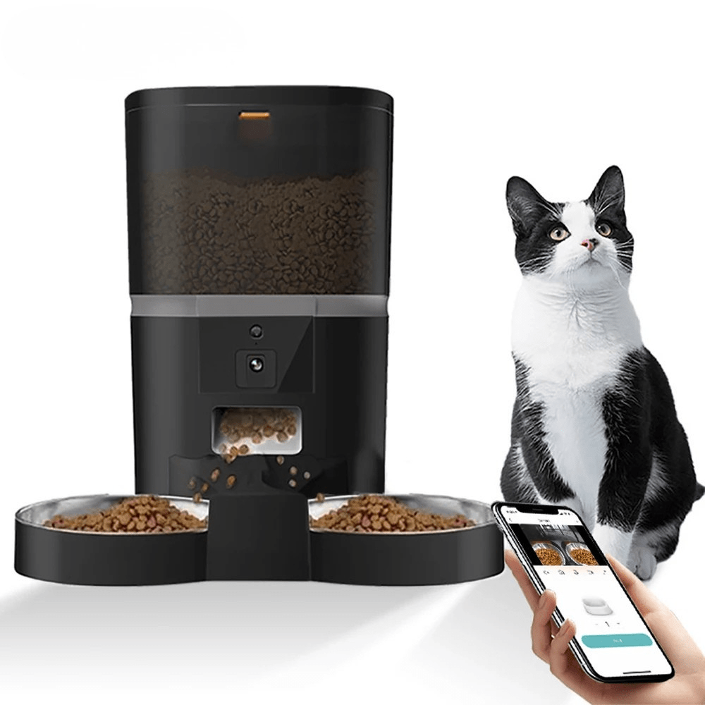 Distributeur automatique de croquettes pour 2 chats ProFeline avec chat et telephone