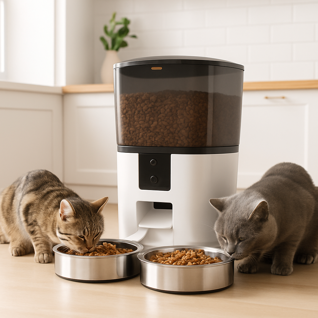 Distributeur automatique de croquettes pour 2 chats ProFeline avec deux chats qui mangent ensemble
