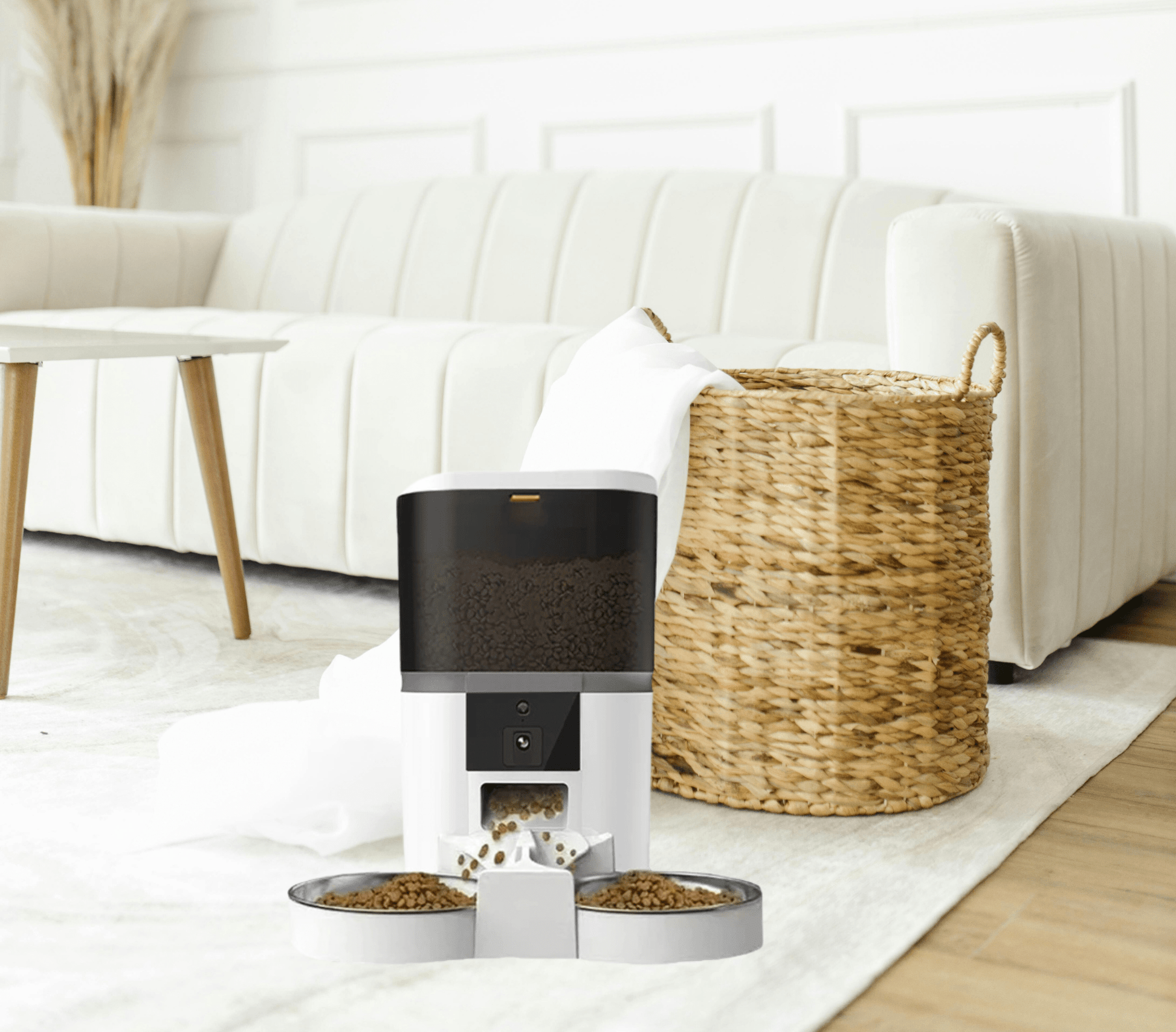 Distributeur automatique de croquettes pour 2 chats ProFeline blanc dans un salon sur tapis