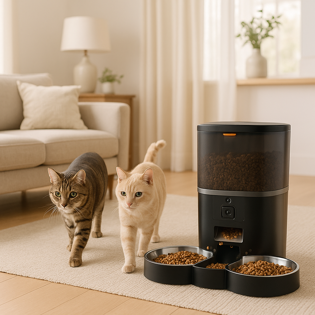 Distributeur automatique de croquettes pour 2 chats ProFeline deux chats qui savancent pour manger