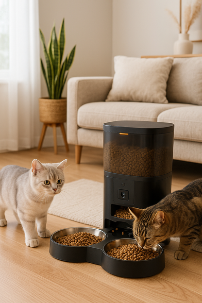 Distributeur automatique de croquettes pour 2 chats ProFeline noir avec deux chats mangeant ensemble