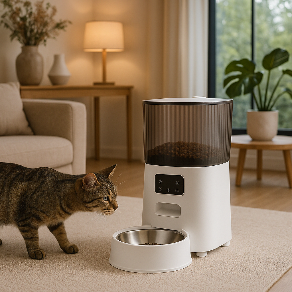 Distributeur automatique de croquettes pour chat ProPet chat dans le salon mangeant