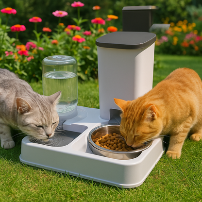 Gamelle Chat Automatique FeedinGo deux chats dans un jardin