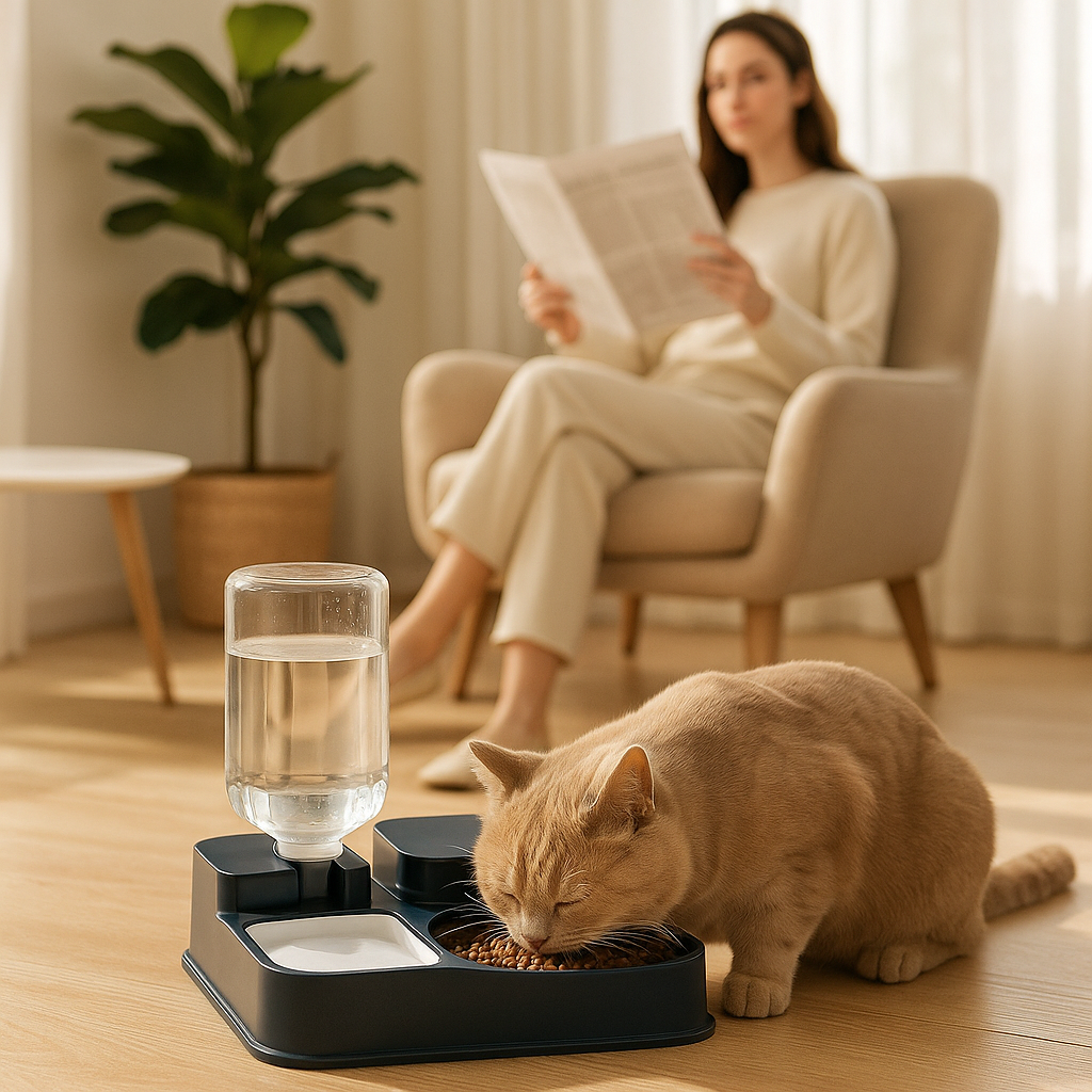 Gamelle Chat Automatique FeedinGo une dame lit journal