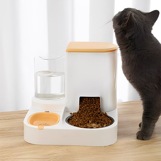 Gamelle automatique chat ergonogam orange avec chat noir qui regarde vers le haut