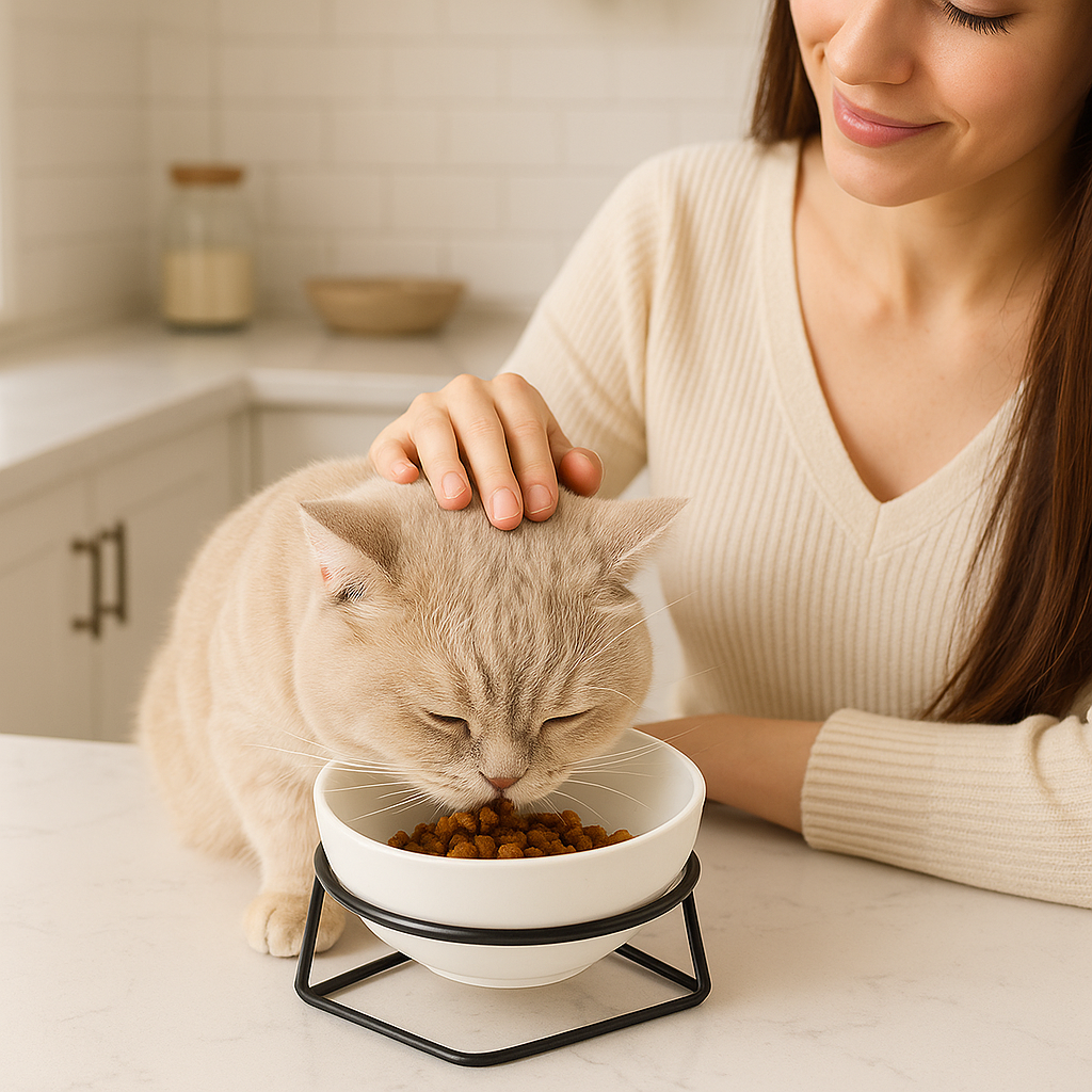 Gamelle céramique pour chat Confort Surélevée chat dans la cuisine avec une dame le caressant