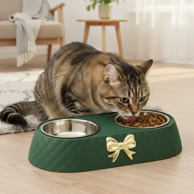 Gamelle chat Design Ergonomique verte dans un salon avec chat