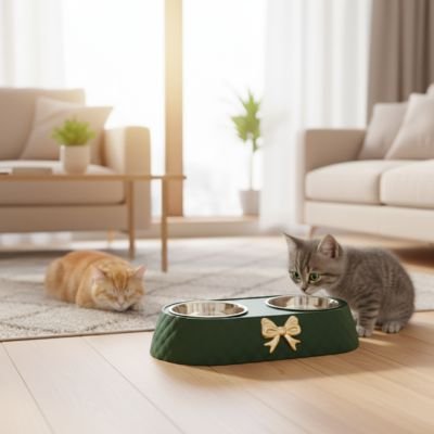 Gamelle chat Design Ergonomique verte dans un salon avec deux chats