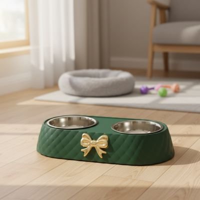 Gamelle chat Design Ergonomique verte dans un salon