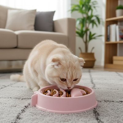 Gamelle chat anti glouton Labyrinthe Fish™ avec coquettes dedans en présence d'un chat - Univers Chat Nature