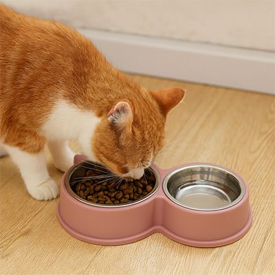 Gamelle pour chat Premium Anti Regurgitation rose avec chat mangeant