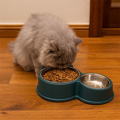 Gamelle pour chat Premium Anti Regurgitation verte avec chat qui mange