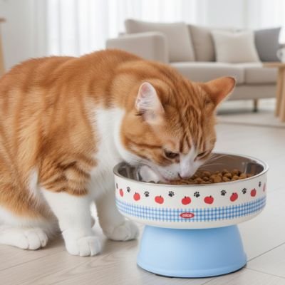 Gamelle pour chat surelevee ComfortPro bleu avec chatou qui mange dans un beau salon