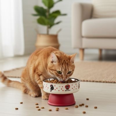 Gamelle pour chat surelevee ComfortPro rouge avec chat qui se alimente des croquettes