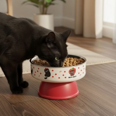 Gamelle pour chat surelevee ComfortPro rouge avec chat noir qui se alimente