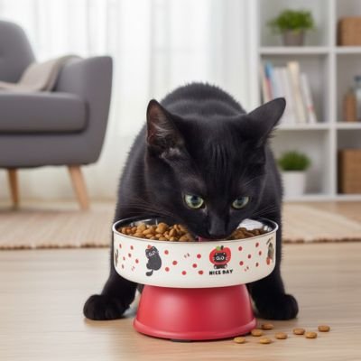 Gamelle pour chat surelevee ComfortPro rouge avec felin qui mange dans un salon