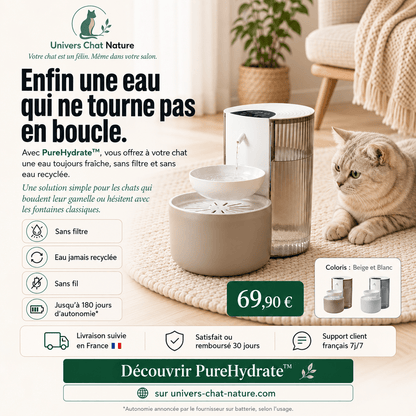 Fontaine à eau chat sans filtre PureHydrate™ - Eau jamais recyclée, sans fil 180 jours - Univers Chat Nature