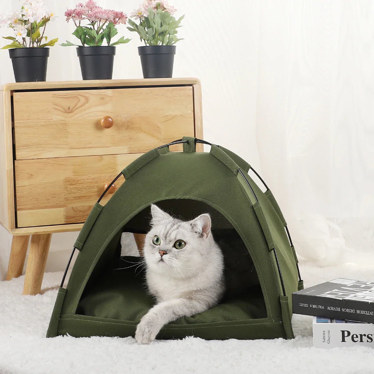 Tente Chat - CatTentBed™ - Vert Militaire - Univers Chat Nature