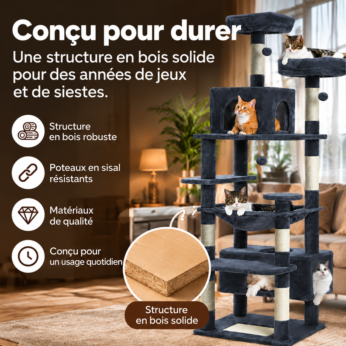 Arbre à chat Bois Robuste™ gris foncé avec présentation de sa structure en bois et de ses plateformes rembourrées.