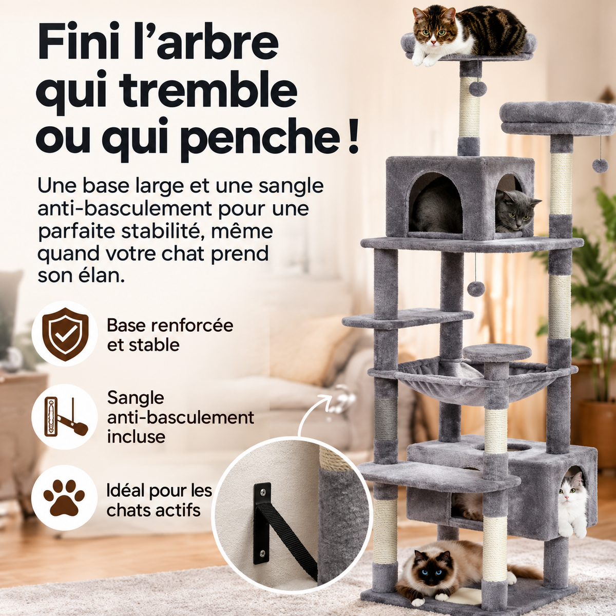 Arbre à chat gris Bois Robuste™ avec base renforcée, sangle anti-basculement, niches et hamac.