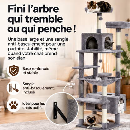 Arbre à chat gris Bois Robuste™ avec base renforcée, sangle anti-basculement, niches et hamac.