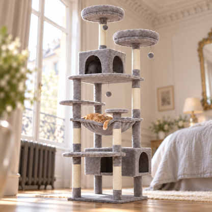 Arbre à chat gris clair Bois Robuste™ à plusieurs niveaux, avec niches et hamac, installé près du lit.