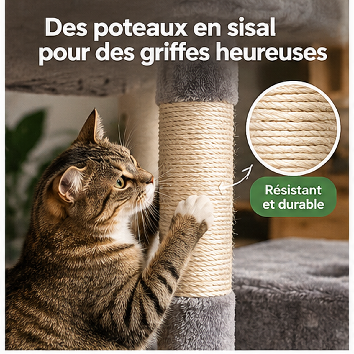 Chat faisant ses griffes sur un poteau en sisal de l’arbre à chat Bois Robuste™, avec gros plan sur les fibres.
