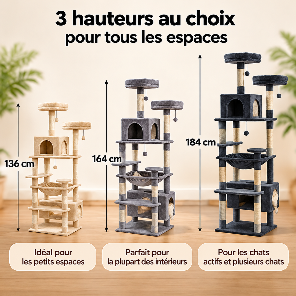 Arbre à chat Bois Robuste™, trois hauteurs de l’arbre à chat Bois Robuste™ : 136, 164 et 184 cm, avec la taille de base.