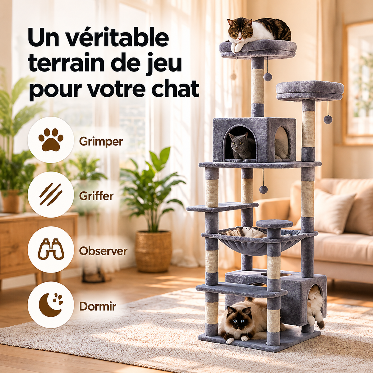 Arbre à chat Bois Robuste™ avec espaces pour grimper, griffer, observer et dormir sur plusieurs niveaux.