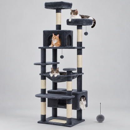 Arbre à chat Bois Robuste™ gris foncé à plusieurs niveaux, avec niche, plateformes de repos et poteaux à griffer.