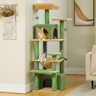 Arbre à chat | Multi - niveaux Confort™ vert et 2 chats dans leurs cocon douillet