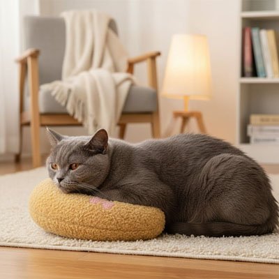 Coussin chat avec son Duvoria™ avec on revêtement en matière sherpa douce et moelleuse imitant la laine pour procurer chaleur et sécurité