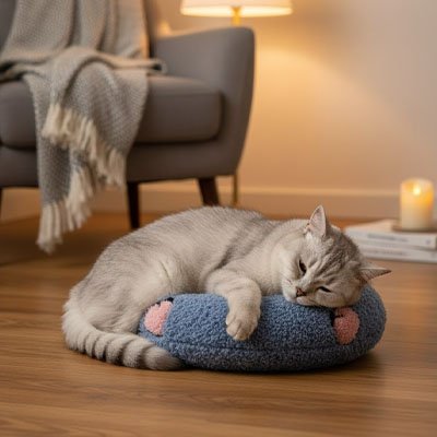 Coussin chat avec son Duvoria™ s'intègrant discrètement sur sols durs ou tapis dans un appartement