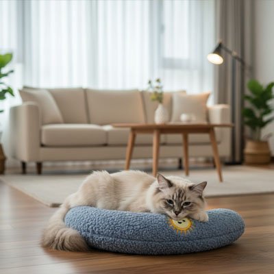 Coussin chat Calinotte™ avec son format compact se positionnant facilement dans tous les espaces de vie sans encombrement