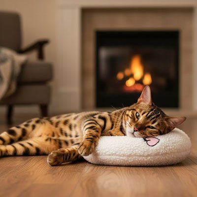 Coussin chat Calinotte™ dans un salon avec un chat qui s'y repose
