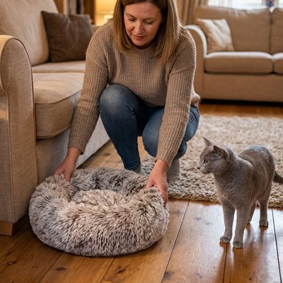 Coussin pour Chat Dormeau™,  Matière ultra-douce à poils longs: imite la fourrure naturelle et offre une texture moelleuse et chaleureuse