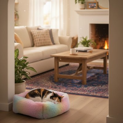 Coussins chat Reposelle™ dans le salon avec ces rebords rembourrés permettant à l'animal de s'y blottir et de poser sa tête