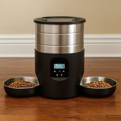 distributeur de croquettes pour chat autofresh avec croquettes dans les bols