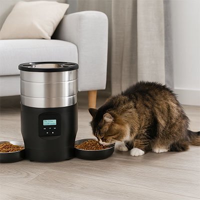 distributeur de croquettes pour chat autofresh couleur noir avec un chat qui se nourri