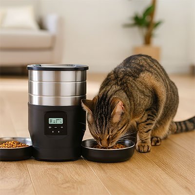 distributeur de croquettes pour chat autofresh dans un salon avec chat tachete