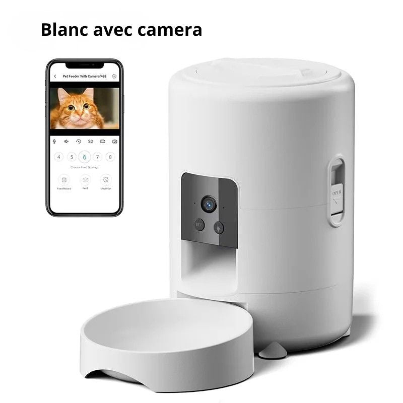distributeur de croquettes pour chat automatique blanc phone video avec fond blanc