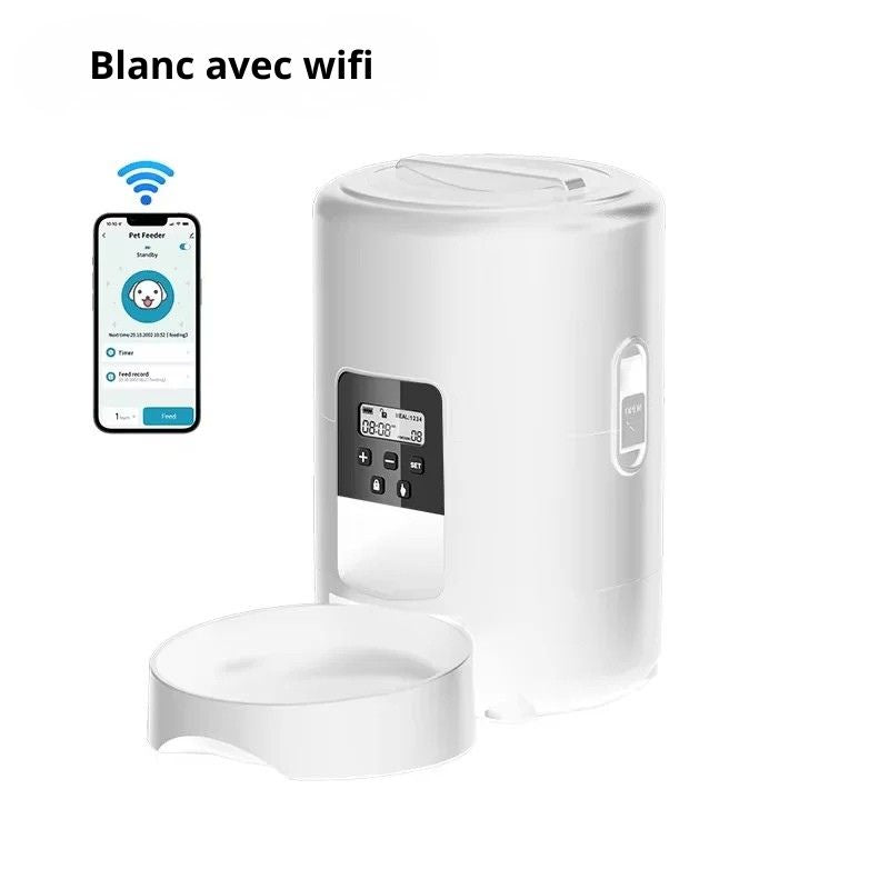 distributeur de croquettes pour chat automatique blanc phone wifi fond blanc