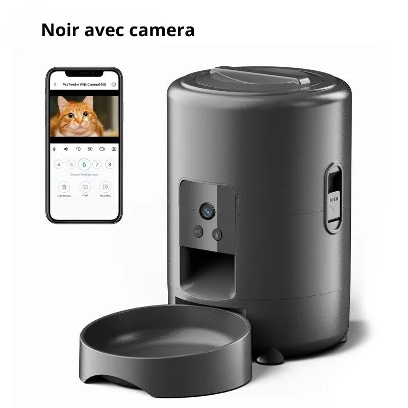 distributeur de croquettes pour chat automatique noir phone video avec fond blanc