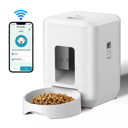 Distributeur de croquettes pour chat AutoPortion blanc avec téléphone connecté wifi