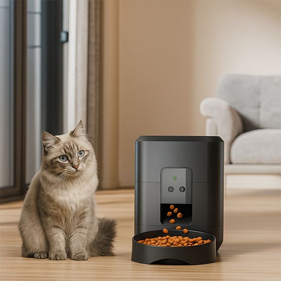 Distributeur de croquettes pour chat AutoPortion chat installé à coté d'une porte en vitre
